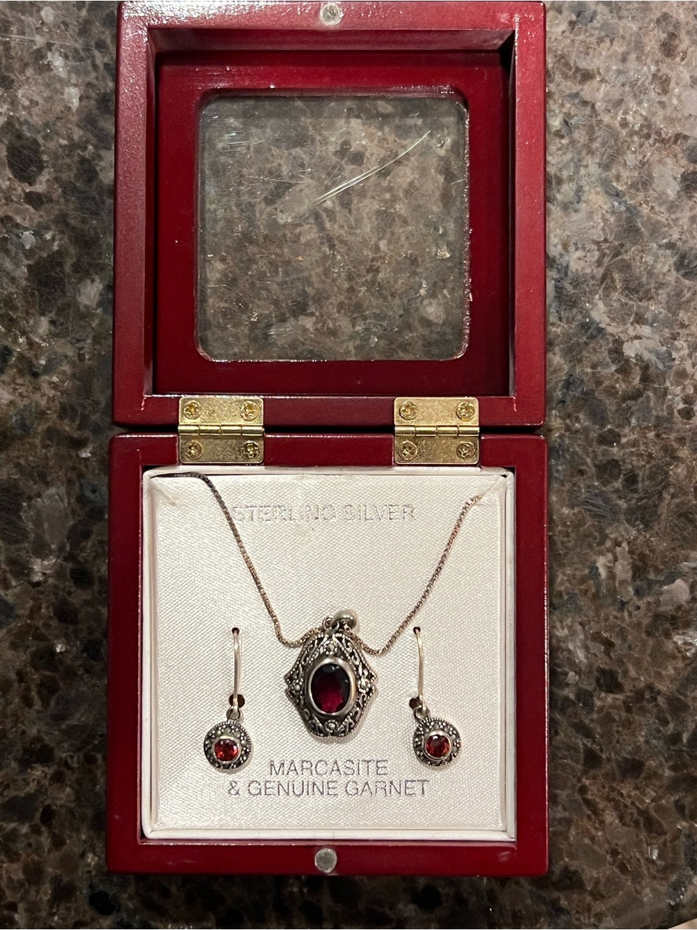 Sterling Silver Marcasite & Genuine Garnet Necklace and Earring Set - Red